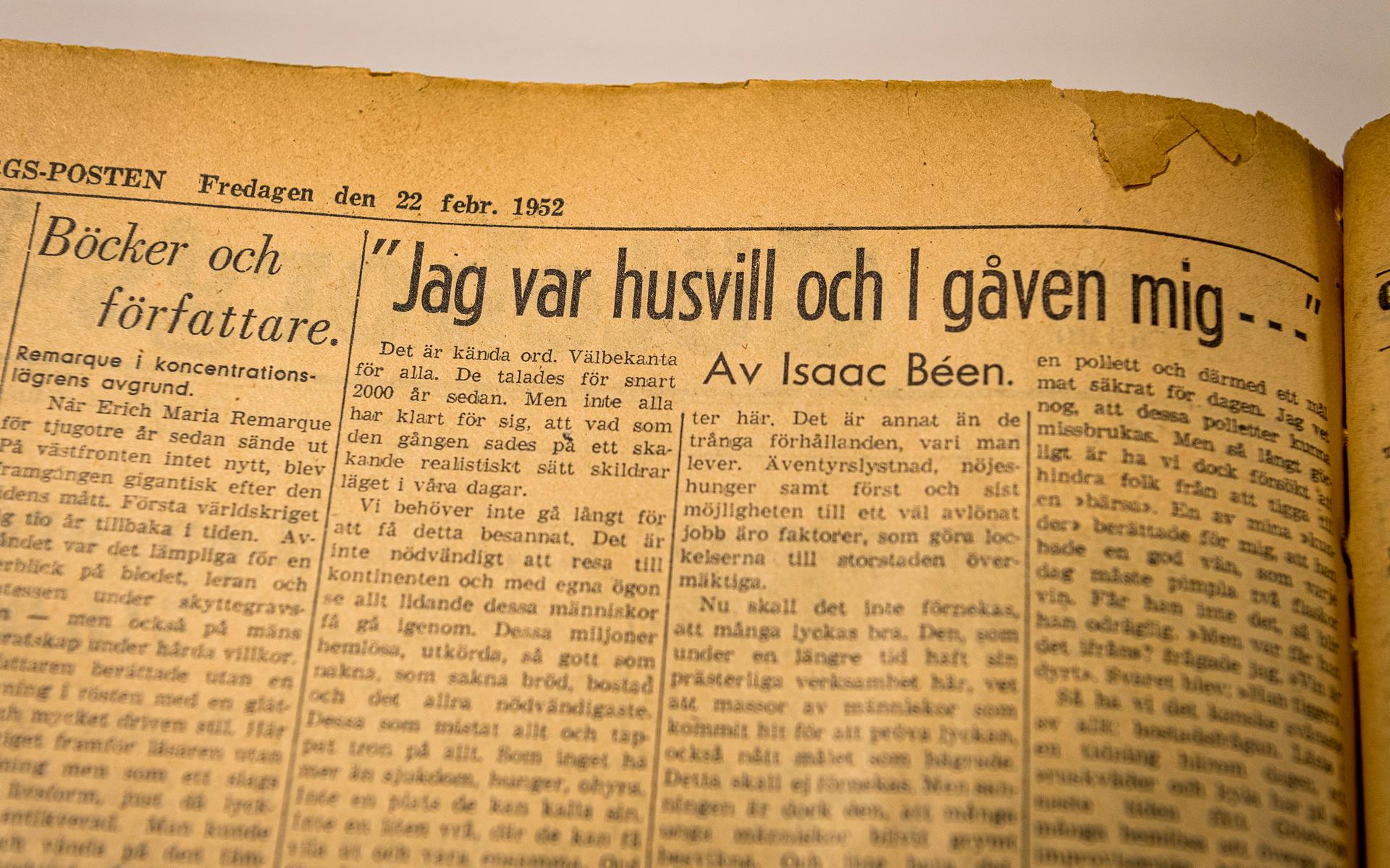 I GP-husets källare finns stora inbundna böcker med gamla GP, så kallade lägg. Här är Isaac Béens upprop i GP den 22 februari 1952.