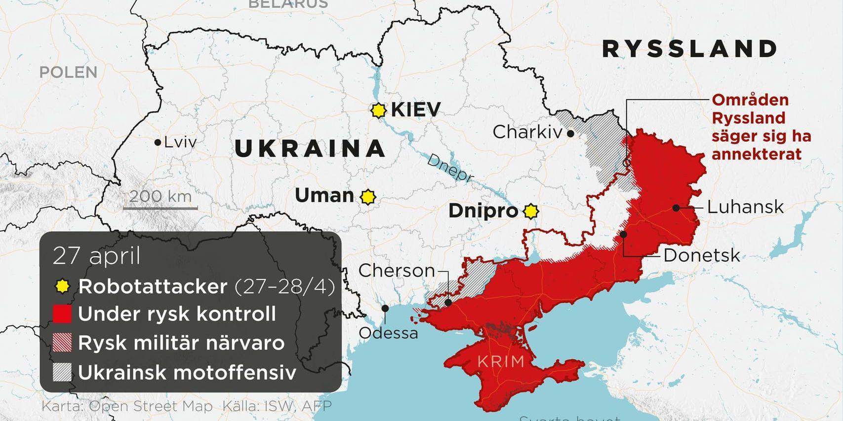 Områden under rysk kontroll, områden med rysk militär närvaro, ukrainska motoffensiver, robotattacker 27–28 april samt annekterade områden till och med den 27 april.