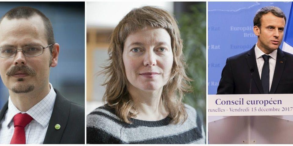 Max Andersson (MP), EU-parlamentariker. Malin Björk (V), EU-parlamentariker och Emmanuel Macron, Frankrikes president.