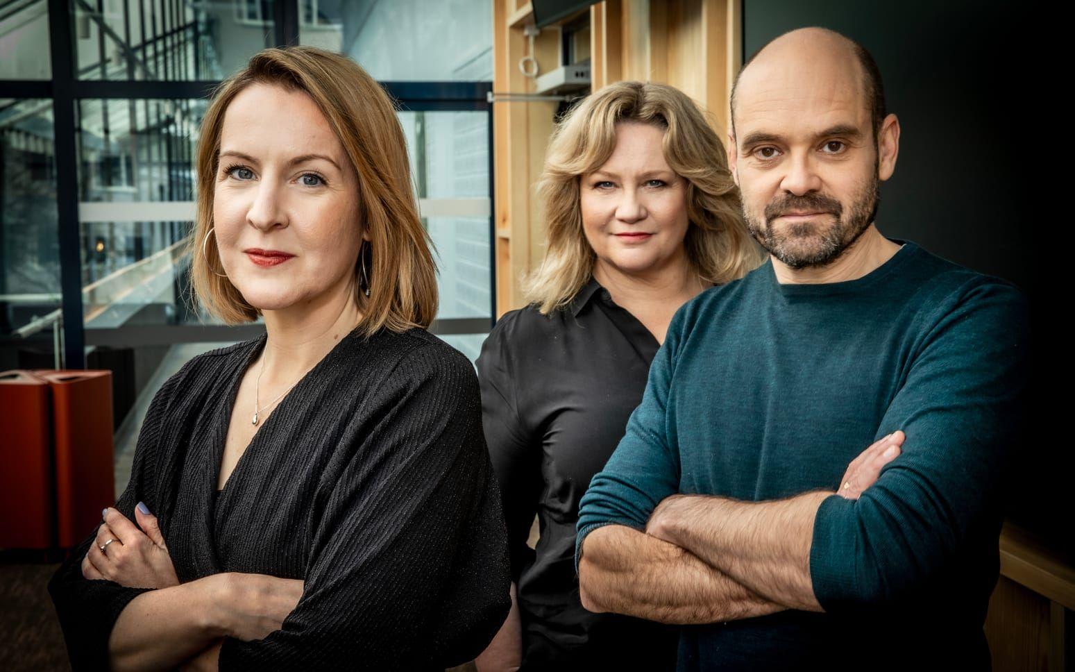 Regissören Sanna Lenken (t.v.) och skådespelarna David Dencik och Maria Sid ligger bakom SVT:s nya drama "Smärtpunkten" om Lars Noréns beryktade teaterprojekt "Sju tre”