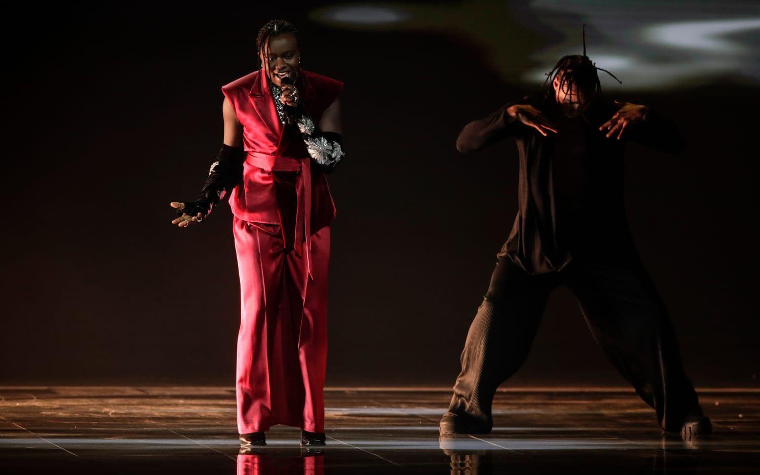 Tousin Michael Chiza, better known as Tusse, from Sweden performs at the first semi-final of the Eurovision Song Contest at Ahoy arena in Rotterdam, Netherlands, Tuesday, May 18, 2021. (AP Photo/Peter Dejong)  LENT120