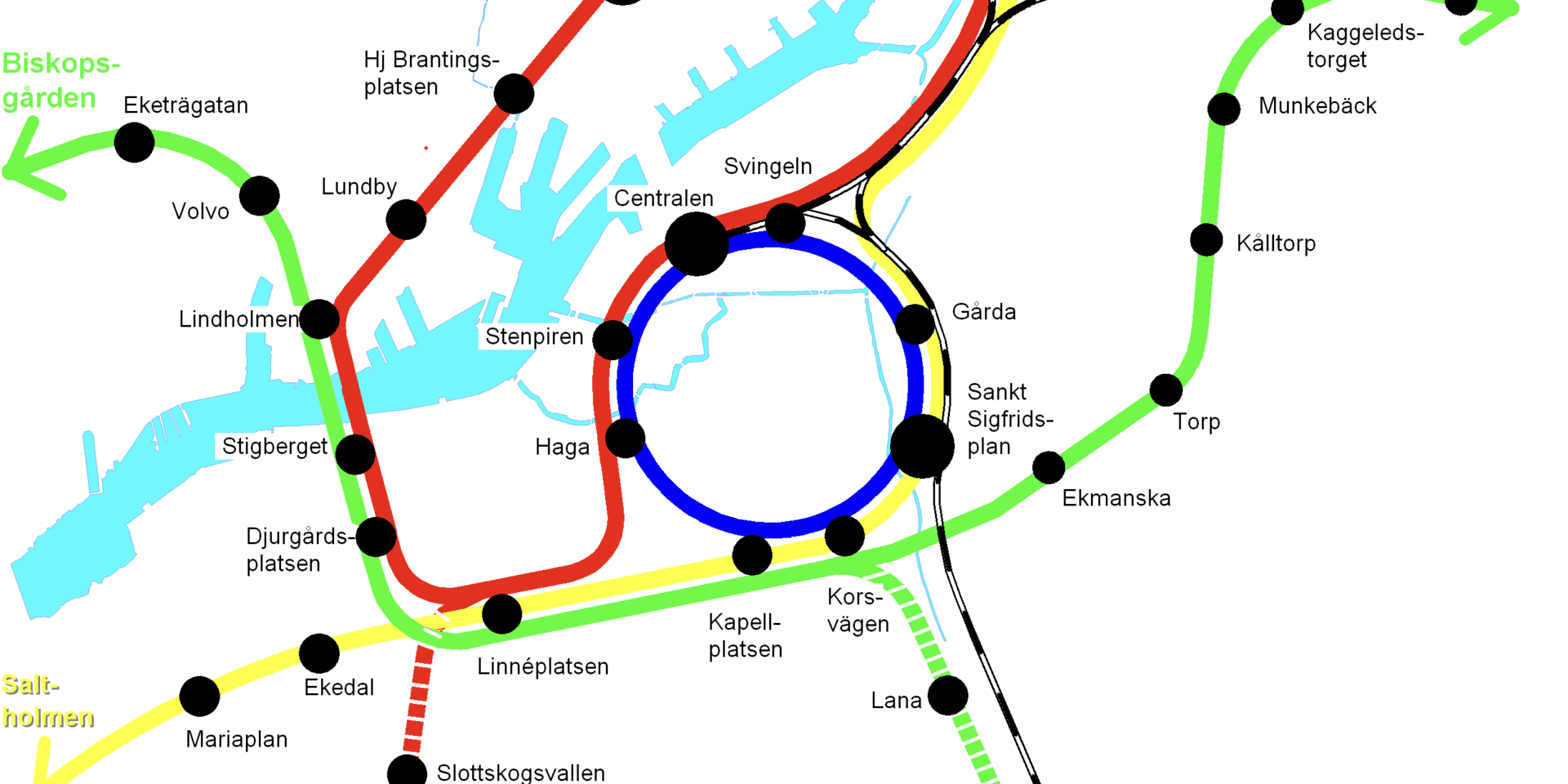 I öster kan tunnelbaneringen färdigställas med en tunnel genom Gårdaberget och en viadukt över E6:an parallellt med Västkustbanan. Då skapas en flexibilitet i tunnelbanesystemet och göteborgarna får en ny ringlinje, skriver debattörerna.