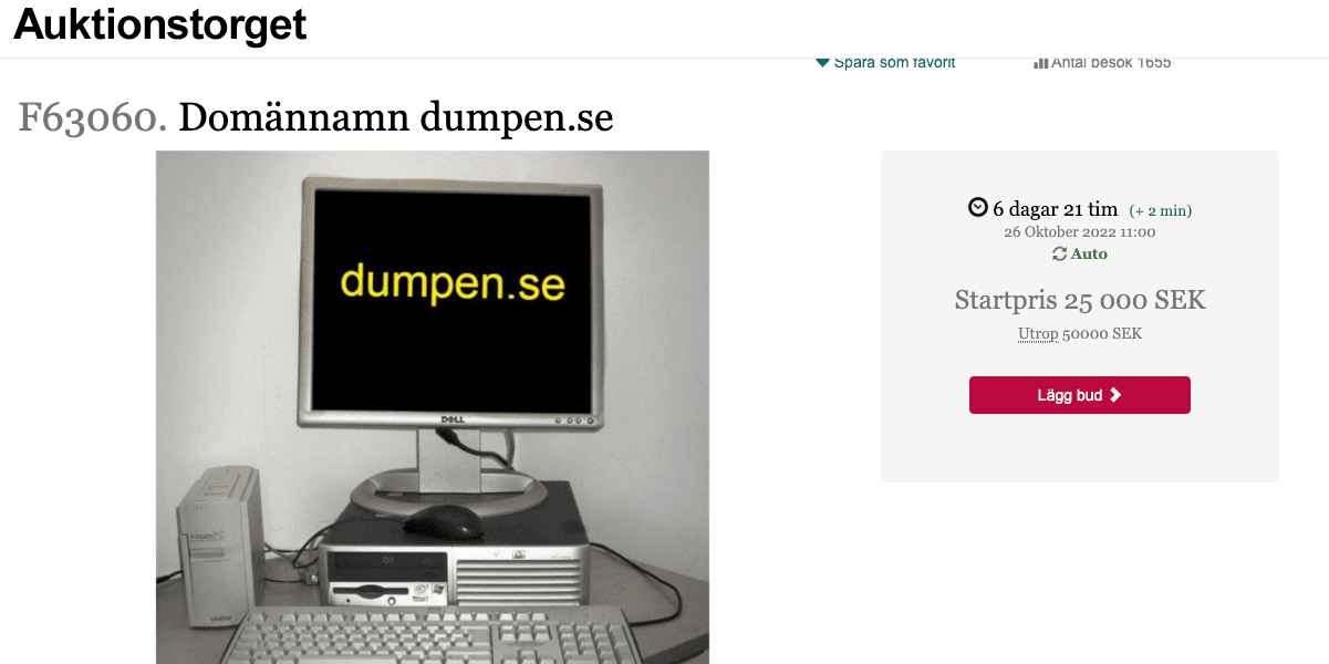 På Kronofogdens hemsida pågår en auktion för försäljning av domännamnet Dumpen.se.