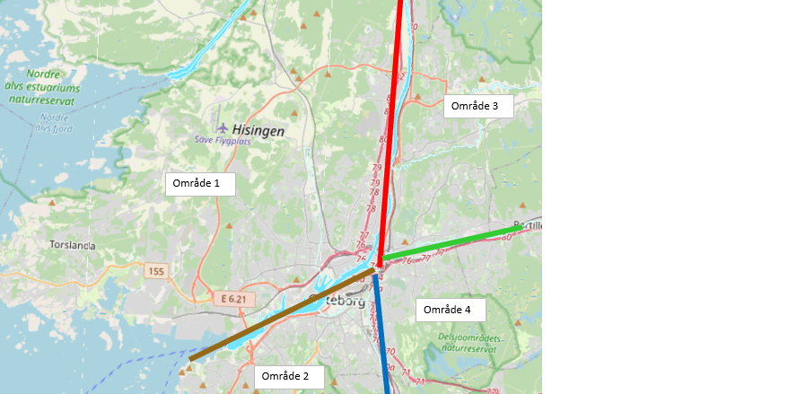 Under måndagskvällen och natten till tisdagen kommer flygplanet, som utgår från Säve, att flyga över område 1, och område 2, på kartan. 