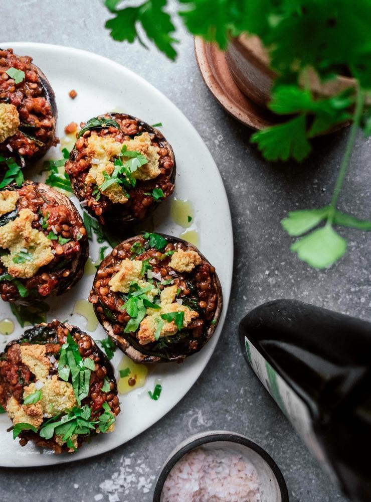 Fylld portabello med linser och cashewricotta.