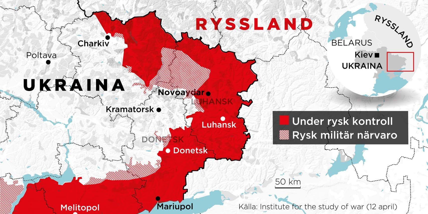 Landområden i östra Ukraina under rysk kontroll samt områden med rysk militär närvaro.