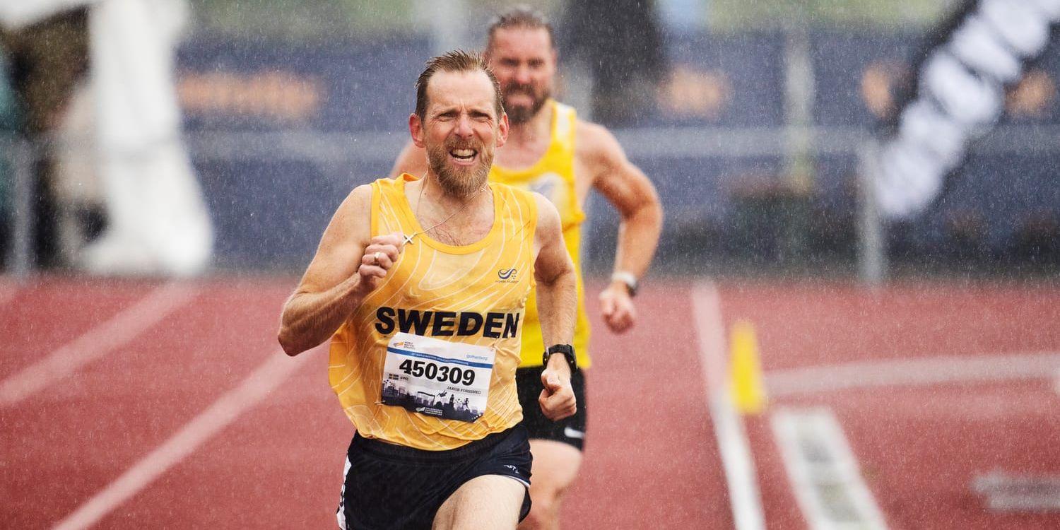 Socialminister Jakob Forssmed (KD) på upploppet. 1500 meter försök på Björlandavallen. Veteran VM i friidrott, Göteborg.