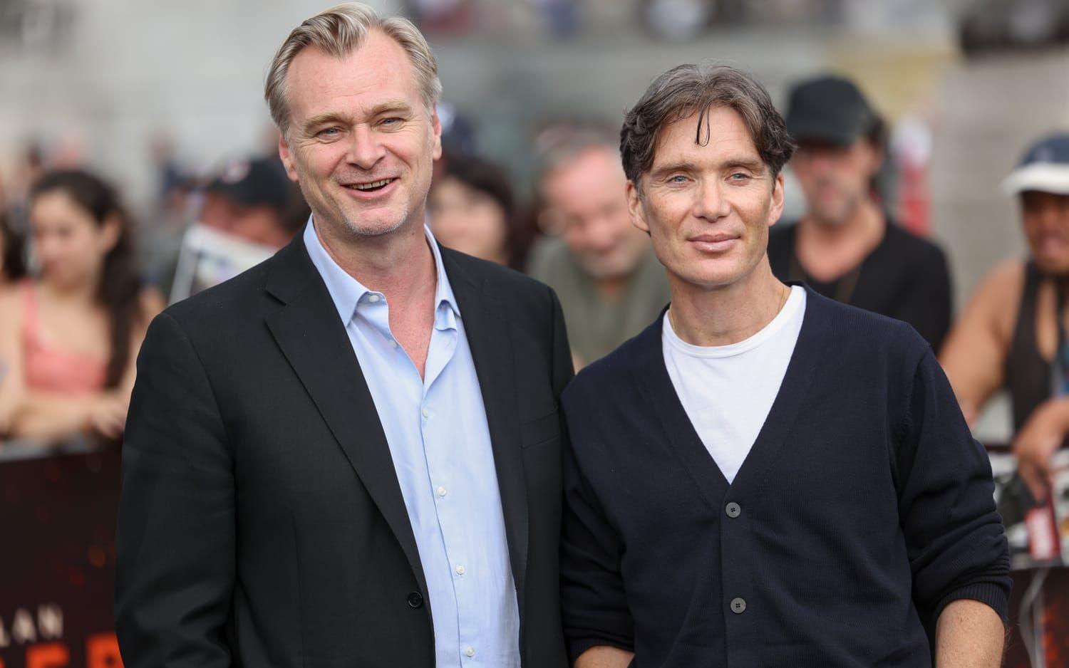 Regissören Christopher Nolan och huvudrollsinnehavaren Cillian Murphy under en pressvisning för "Oppenheimer" i London.