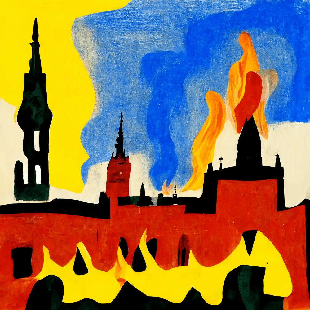 AI-genererad bild utifrån texten ”Stockholm on fire in the style of Picasso”, skapad med tjänsten Midjourney. 